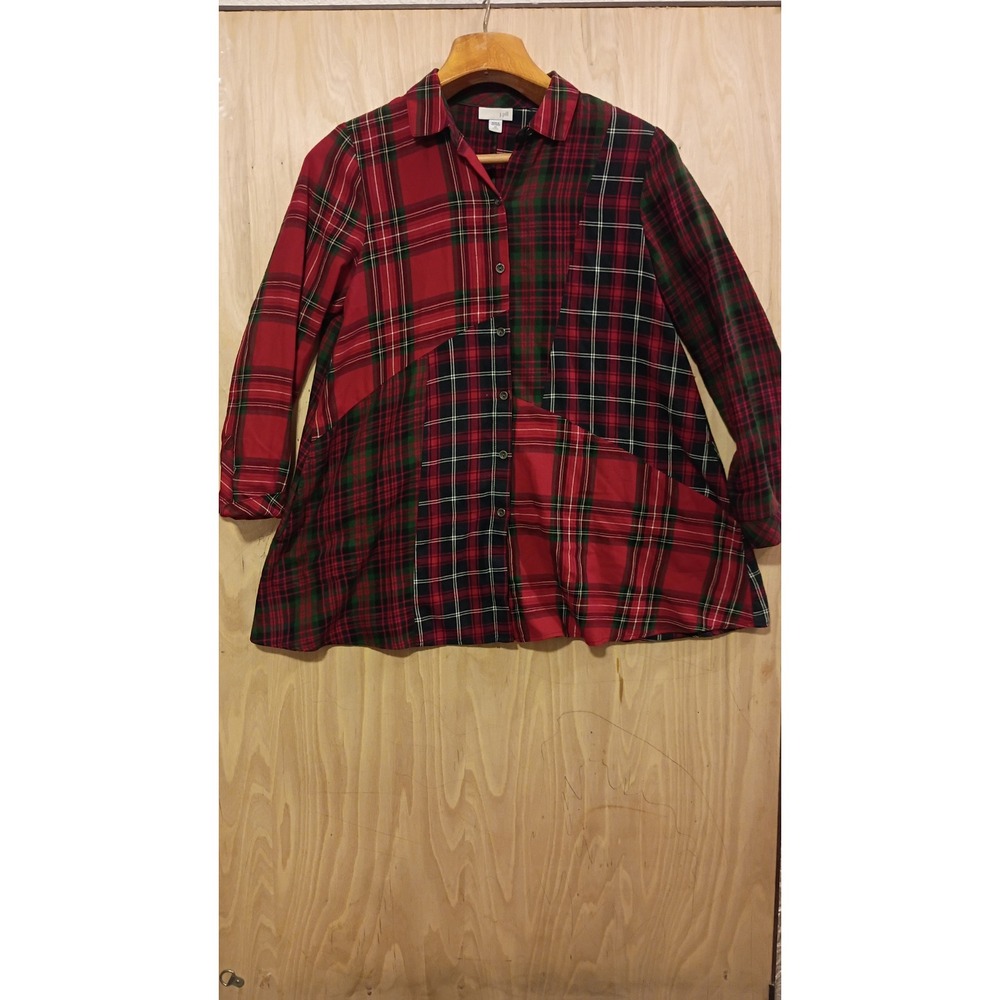 J. Jill Mixed Plaid Patchwork Tunic Top Womens XS Petite Holiday Fashion.